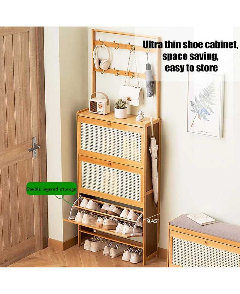 Rainsken Bamboo Shoe Storage Cabinet, Freestanding Shoe Rack with 3 Rattan Flip Drawers and Coat Hooks for Entryway, Hallway, Closet, Living Room