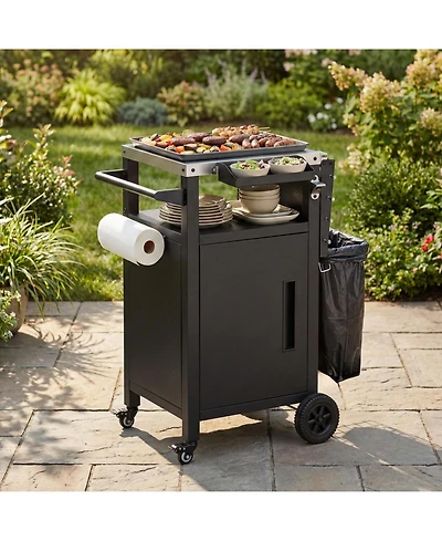 Rainsken 33.9" Outdoor Grill Cart with Drop Leaf, Metal Bar Cart with Wheels, Stainless Steel Top, Storage Cabinet, Spice and Paper Rack for Bbq