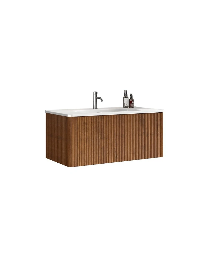 Sillysis 36" Walnut Floating Bathroom Vanity with Integrated Ceramic Sink & Push Open Drawer, Wall Mounted for Modern Bathroom