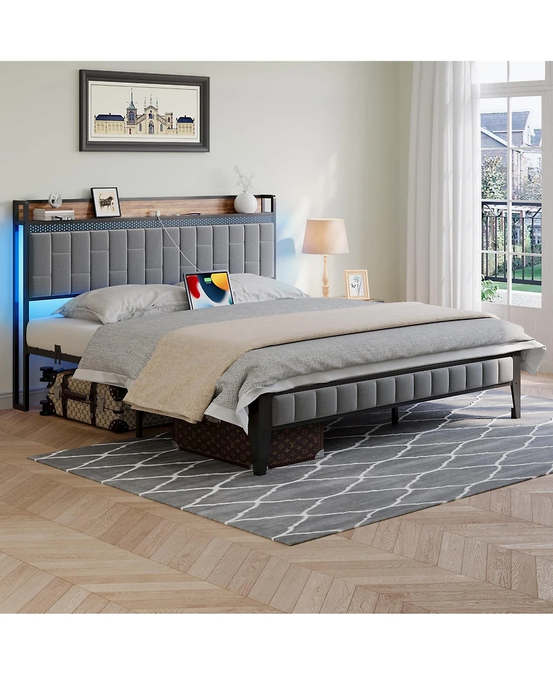 Gaomon Full Bed Frame Storage Headboard Led Platform Charging Station Easy Assembly No Box Spring