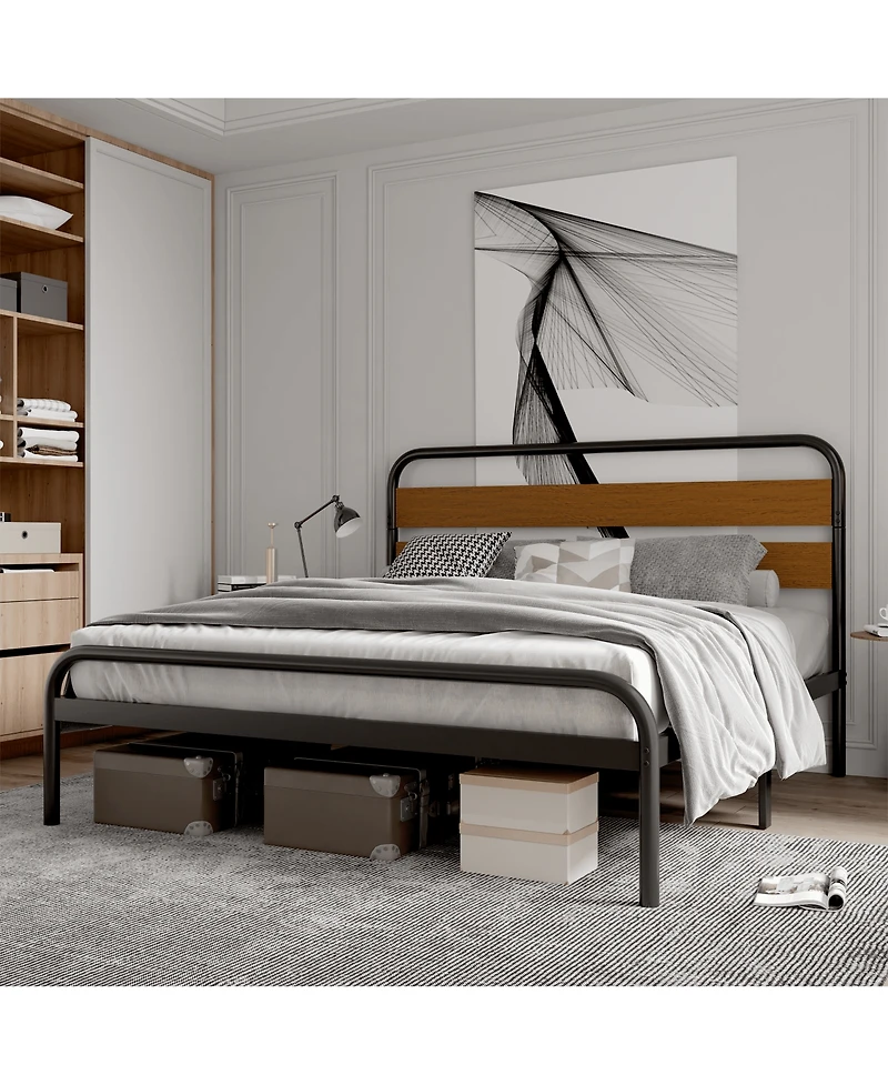gaomon King Metal Platform Bed Frame Wooden Headboard Heavy-Duty Support Noise-Free Design Under-Bed Storage Rustic Light