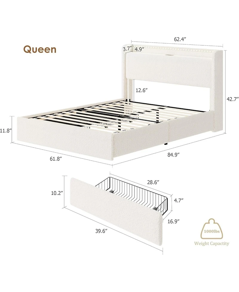 gaomon Boucle Bed Frame with Storage Headboard, Upholstered Full Charging Station, Led Lights, 4 Drawers