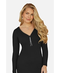 Yumi Women's Ribbed Zip-Neckline Fitted Midi Dress