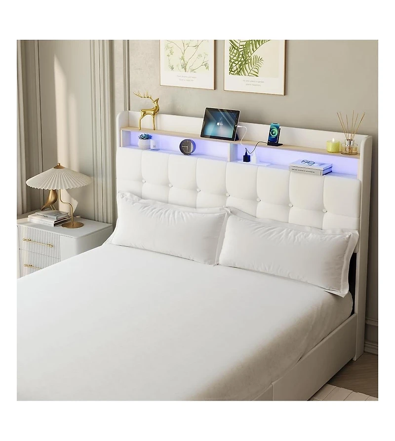 gaomon Bed Frame with Headboard and 2 Storage Drawers, Upholstered Bed Frame with Led Light