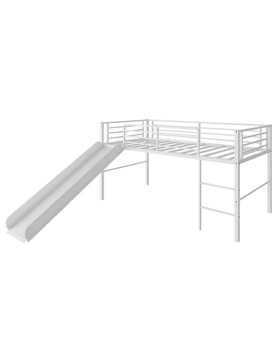 Gymax Twin Metal Loft Bed with Slide Guardrails Built-in Ladder Low Bed Frame Silver
