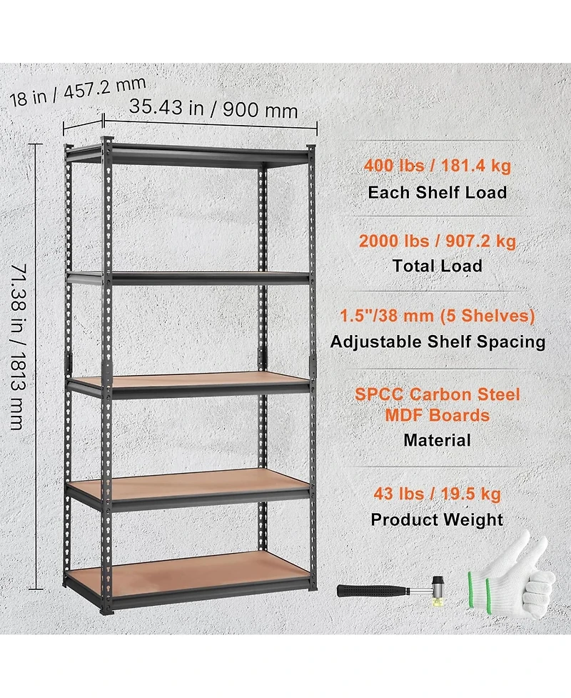 Rainsken Storage Shelving Unit, 5-Tier Adjustable Metal Storage Shelves, Heavy Duty Organizer Rack for Pantry, Basement, 36" L x 18" W x 72&