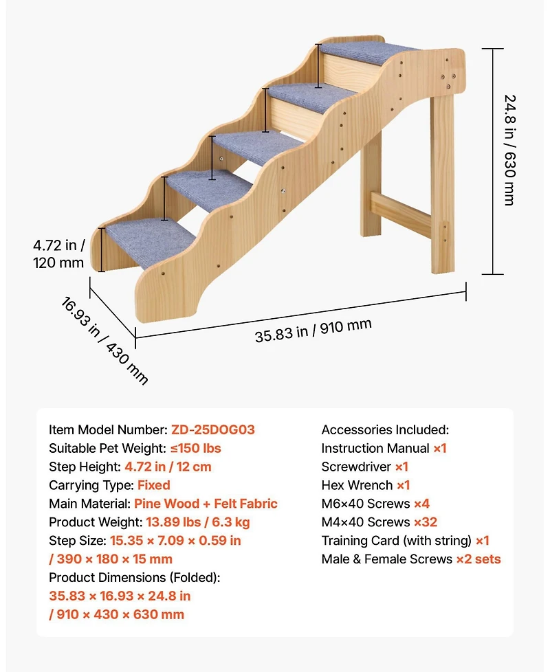 Cozito 5-Step Wooden Pet Stairs with Non-Slip Surface, 150 lb Capacity for Beds and Sofas