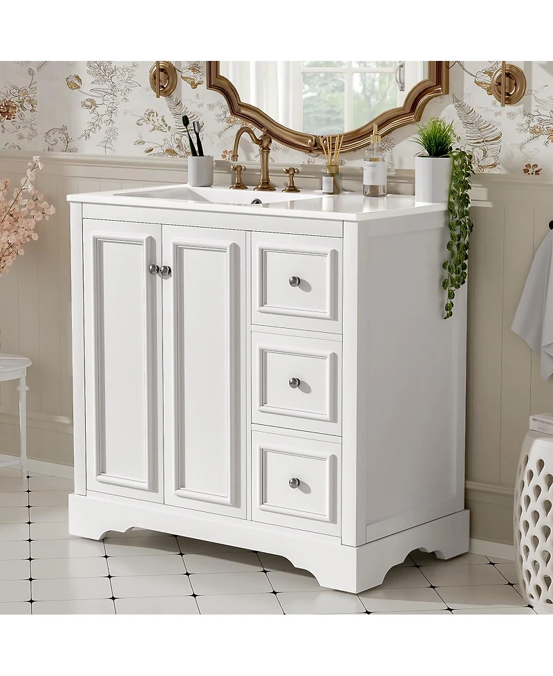Sillysis 36" Transitional Bathroom Vanity with Ceramic Sink, Solid Wood & Mdf, 2 Soft-Close Doors, 3 Drawers, Adjustable Shelf for Storage