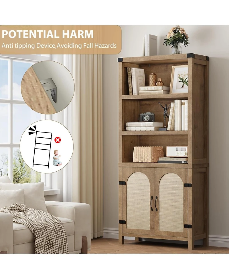 gaomon 70" Tall Farmhouse Bookshelf with Rattan Doors, 3-Tier Open Bookcase with Adjustable Shelves, Floor Standing Storage Cabinet