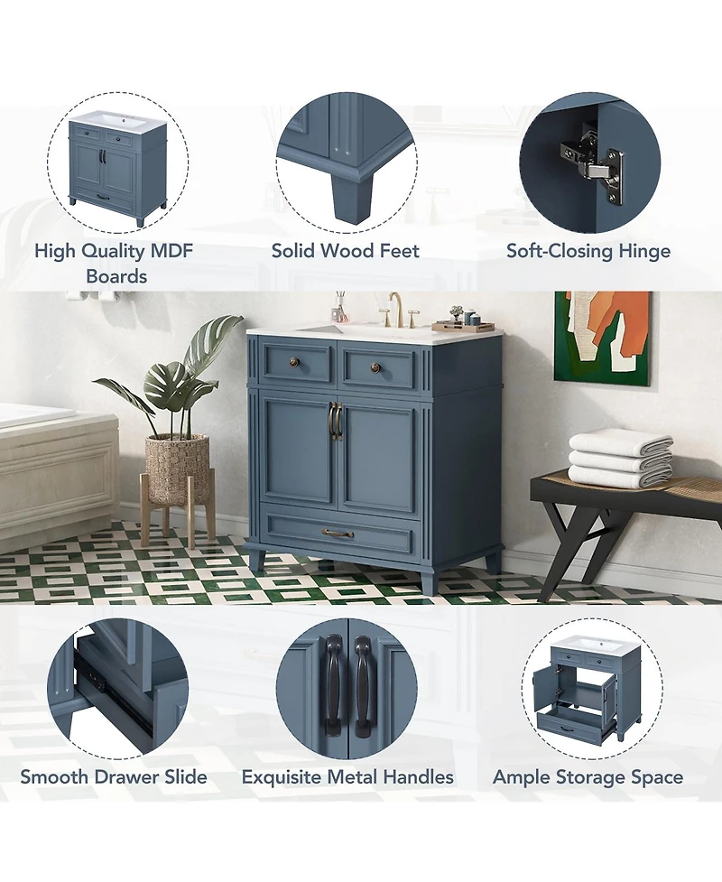 Sillysis 30'' Solid Wood Bathroom Vanity with Ceramic Sink, Soft Close Drawer & Ample Storage, Retro Modern Cabinet for Easy Assembly