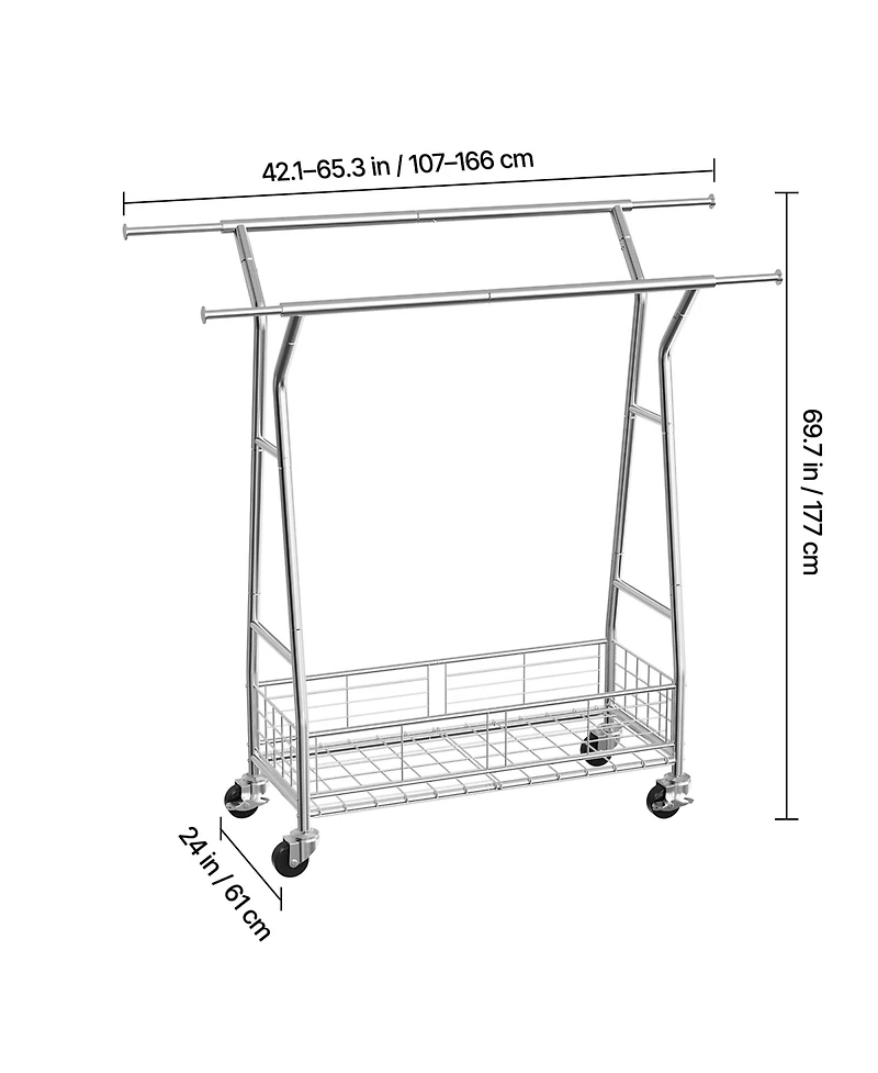Rainsken Clothes Rack, Rolling Clothing Garment Rack, Extendable Carbon Steel Clothing Racks with 2 Hanging Rods and Storage Basket for Living Room