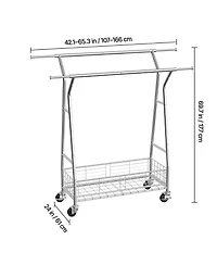 Rainsken Clothes Rack, Rolling Clothing Garment Rack, Extendable Carbon Steel Clothing Racks with 2 Hanging Rods and Storage Basket for Living Room