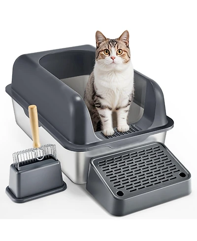 Cozito Xl Stainless Steel Cat Litter Box with Scoop and High Sides