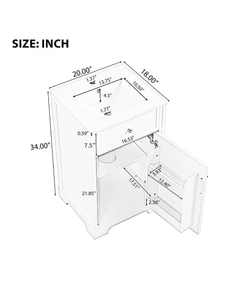 Sillysis 20" Bathroom Vanity with Ceramic Sink, Soft Closing Door & Storage Rack, Freestanding Cabinet for Small Bathrooms