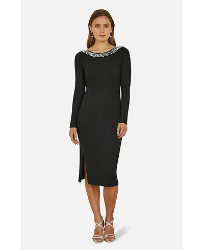 Yumi Women's Bedazzled Neck Fitted Midi Knitted Dress