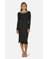 Yumi Women's Bedazzled Neck Fitted Midi Knitted Dress