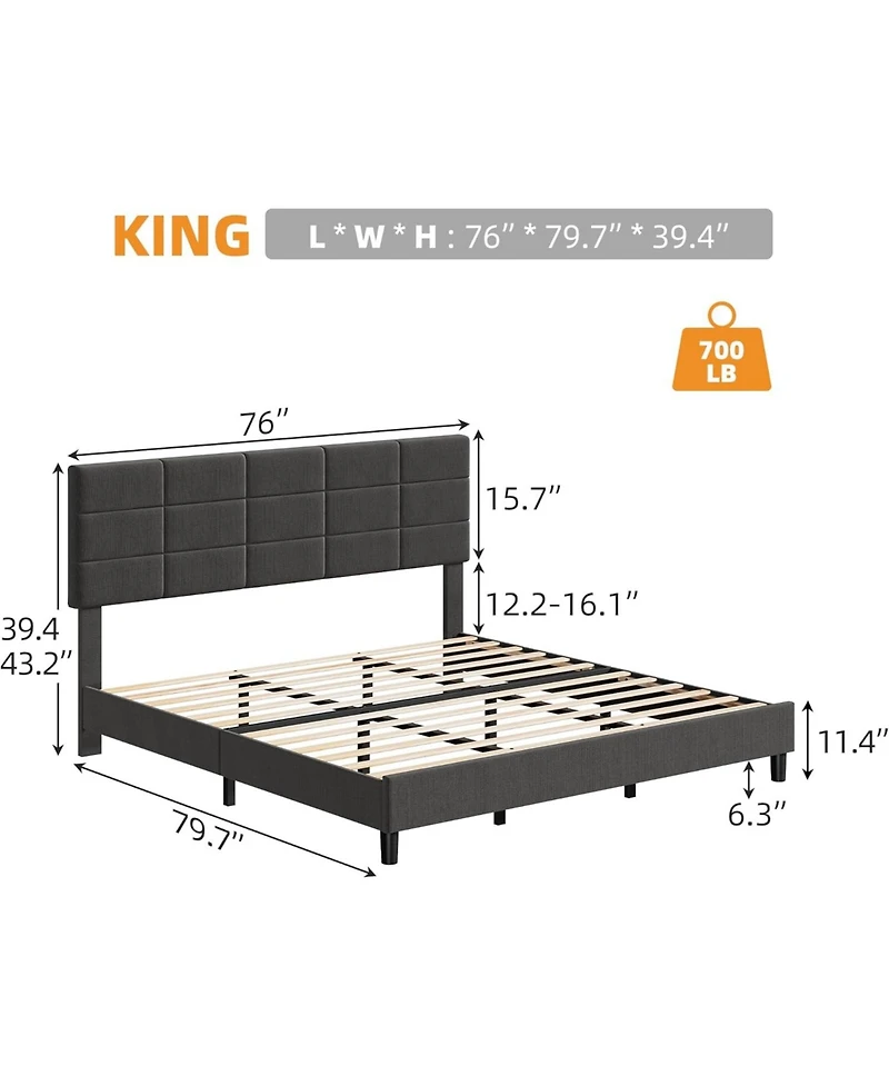 Gaomon King Size Upholstered Bed Frame with Linen Headboard, 12-Panel Padded Design, Wood Slats Support, No Noise, Modern Low Profile for Bedroom