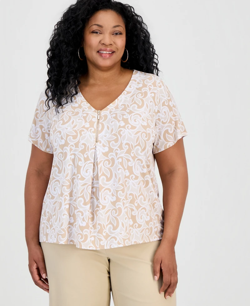 Jm Collection Plus Dolce Scroll V-Neck Zipper Top, Macy's Exclusive