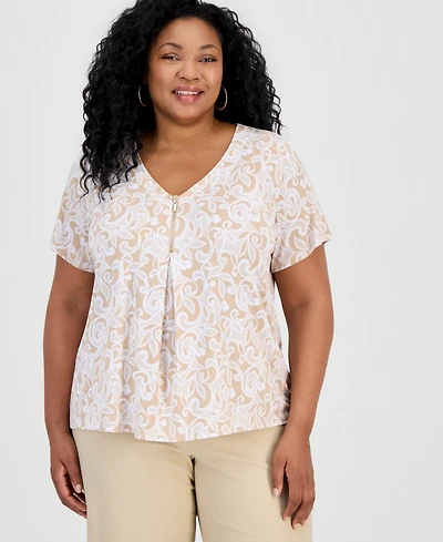 Jm Collection Plus Dolce Scroll V-Neck Zipper Top, Macy's Exclusive