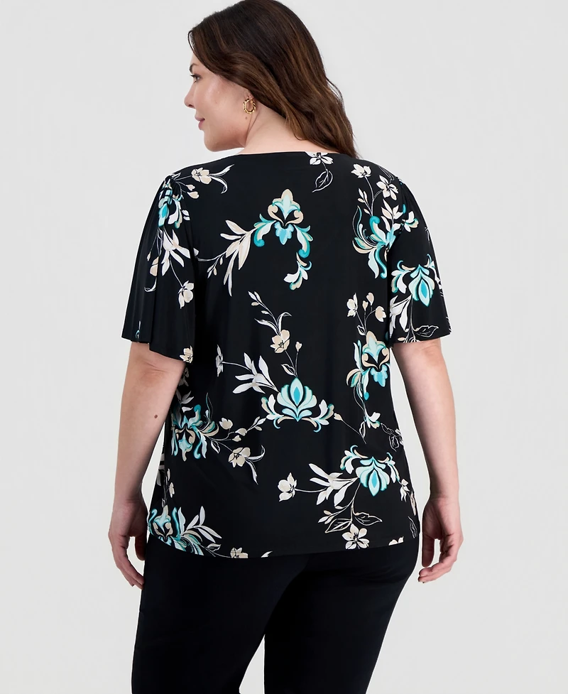 Jm Collection Plus Tossed Floral V-Neck Flutter-Sleeve Top, Macy's Exclusive