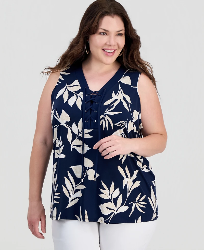 Jm Collection Plus Printed Lace-Up Sleeveless Top, Macy's Exclusive