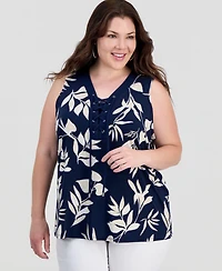 Jm Collection Plus Printed Lace-Up Sleeveless Top, Macy's Exclusive