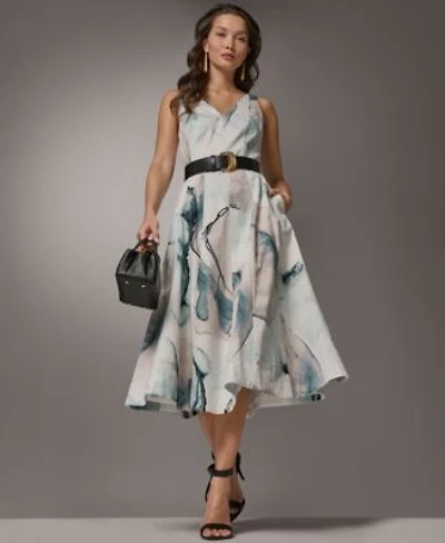 Donna Karan New York Womens V Neck Belted Midi Dress