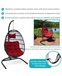Outdoor Resin Wicker Patio Julia Hanging Basket Egg Chair Swing with Cushions, Headrest, and Steel Stand Set - 3pc