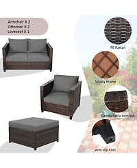 5PCS Patio Rattan Furniture Set Loveseat Sofa Ottoman Cushioned