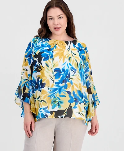 Kasper Plus Boat-Neck Ruffled-Sleeve Top
