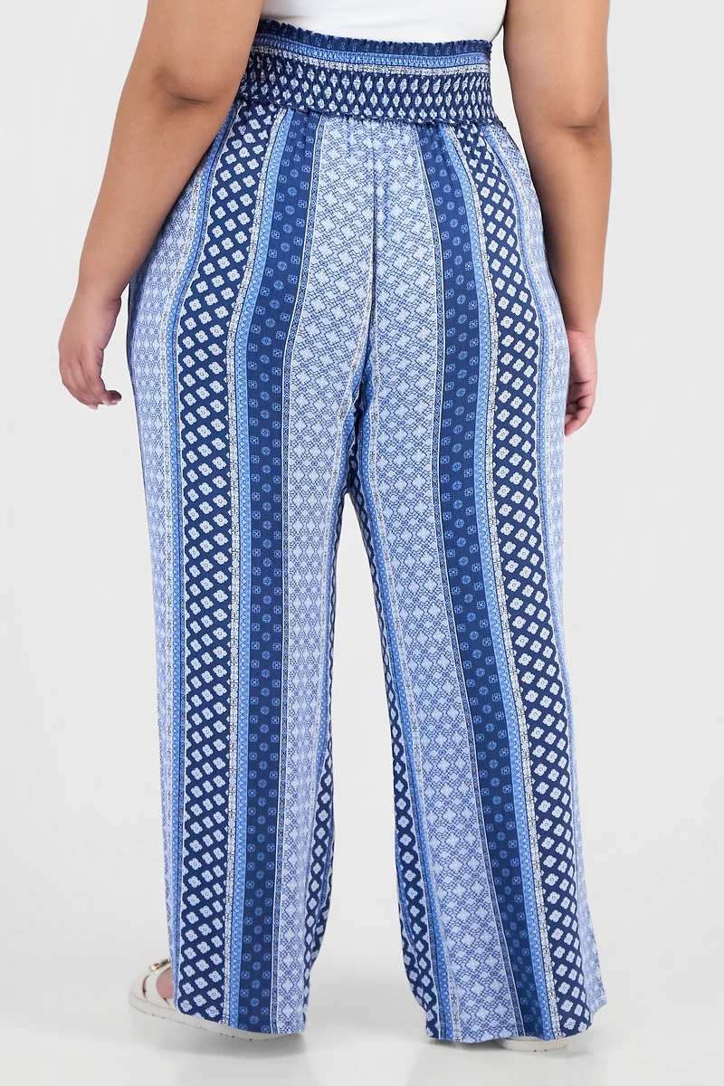 Kingston Grey Trendy Plus Printed Smocked-Waist Wide-Leg Pants