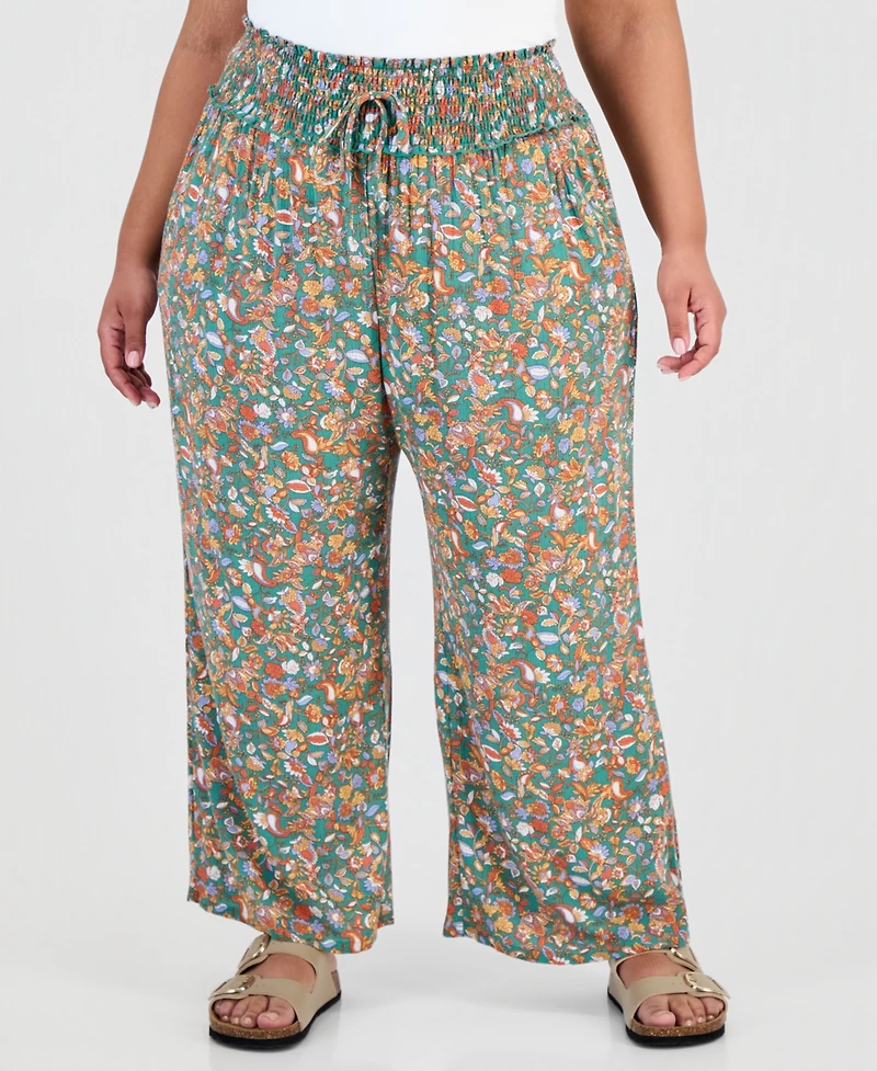 Kingston Grey Trendy Plus Printed Smocked-Waist Wide-Leg Pants