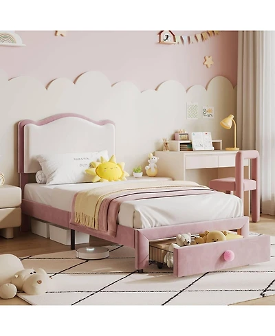 gaomon Twin Upholstered Bed Frame 2 Storage Drawers Velvet Princess Platform Double Wavy Headboard Wood Slats No Box Spring