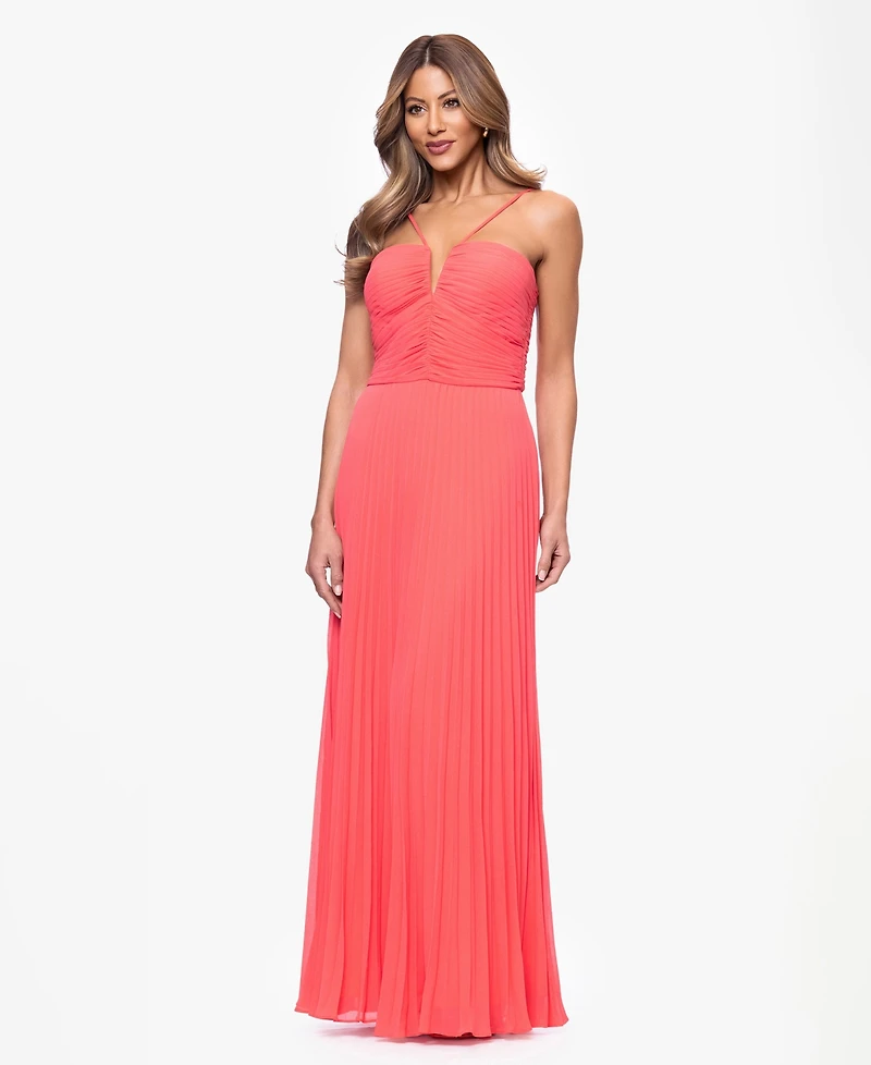 Xscape Women's V-Neck Pleated Sleeveless Gown