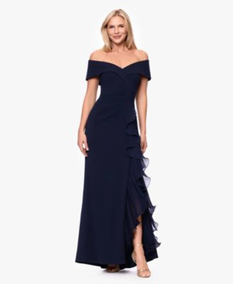 Xscape Womens Off The Shoulder Ruffled Gown