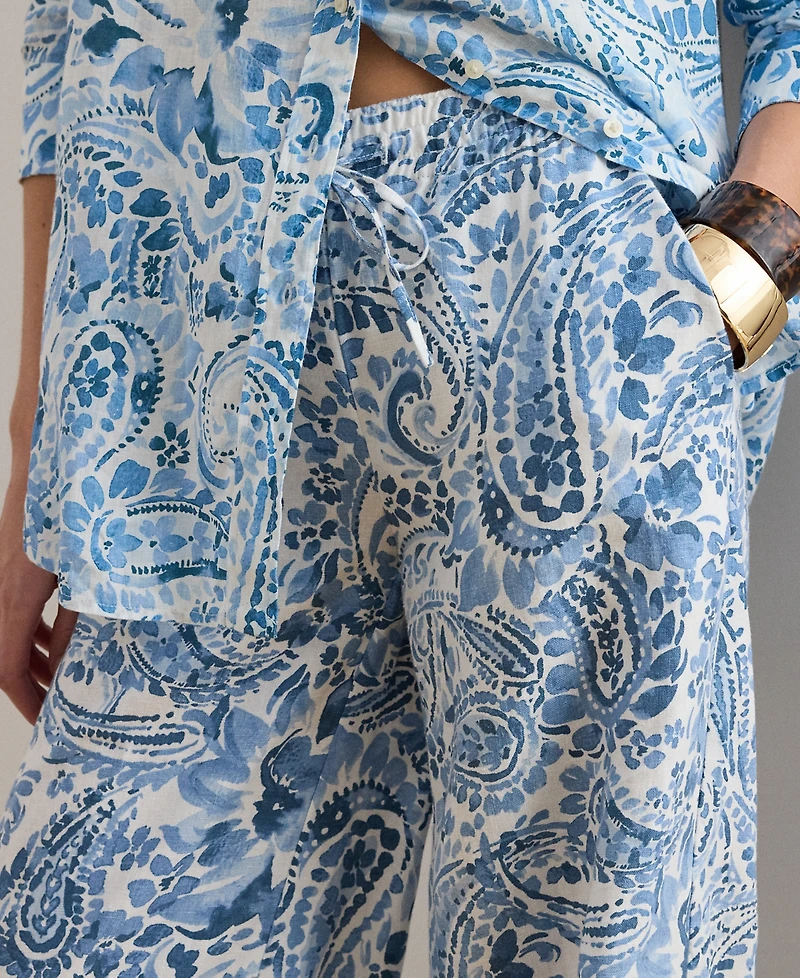 Lauren Ralph Petite Paisley-Print Linen Wide-Leg Pants