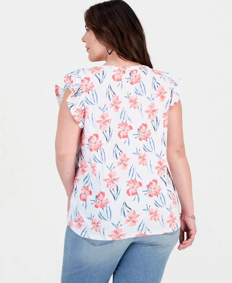 Style & Co Plus Emelia Flutter-Sleeve Tie-Neck Top