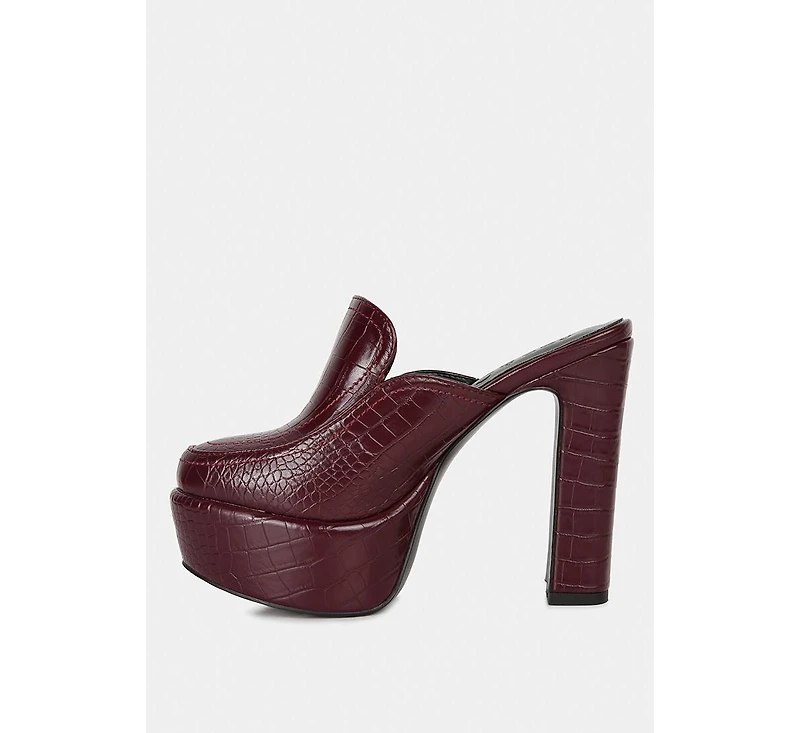 Bauhaus Womens Croc Pattern Heeled Platform Mules