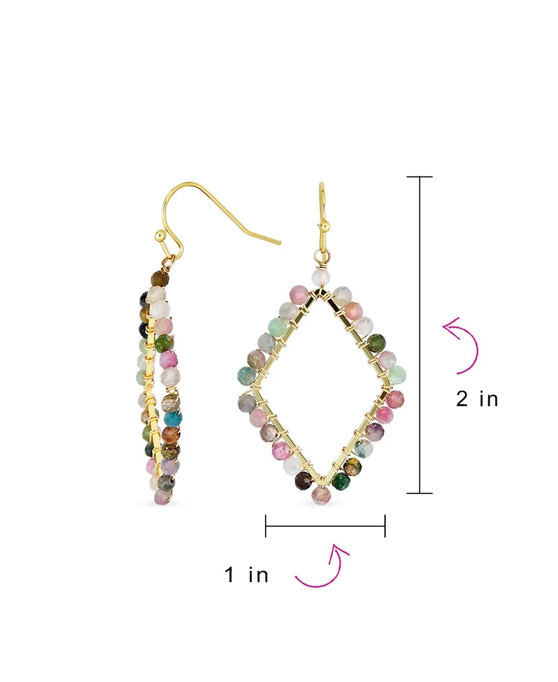 Bling Jewelry Geometric Wire Wrap Cluster Linear Fish Hook Multi Color Natural Fluorite Long Lightweight Rhombus Shape Dangle Earrings Gold Plated