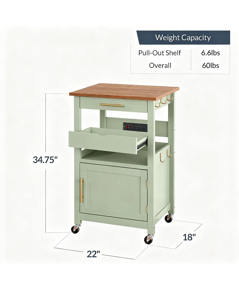 Yigii Kitchen Cart with Cabinet, Drawer, Pull-out Shelf, 3 Outlets