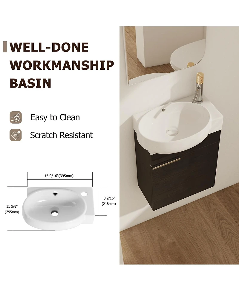 Sillysis 17" Wall-Mounted Modern Bathroom Vanity with Ceramic Sink, Black Chestnut Plywood Cabinet & Soft Close Door for Small Spaces