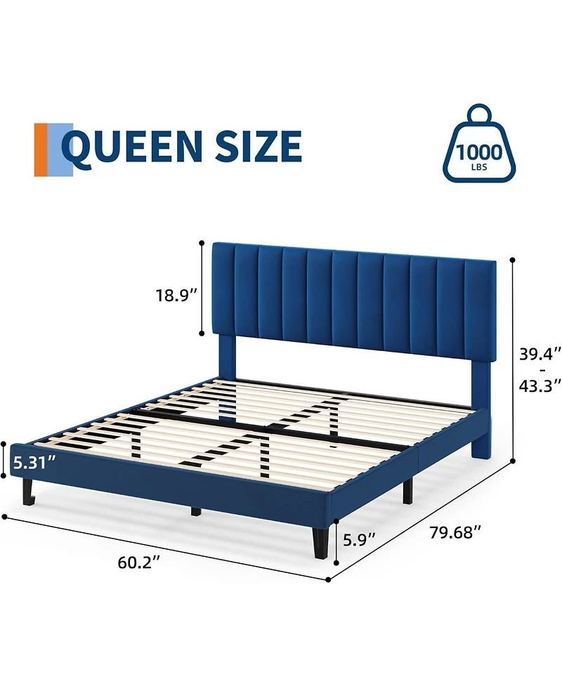gaomon Queen Size Bed Frame, Velvet Upholstered Platform Bed with Adjustable Headboard, No Box Spring Needed, Easy Assembly
