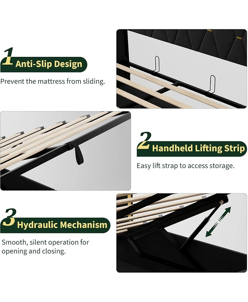 gaomon Full Size Lift Up Storage Bed Frame with with Gold Wingback Headboard, Velvet Upholstered Bed Frame with Diamond Tufted Design & Gold Trim