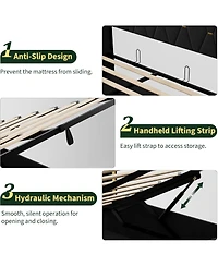 gaomon Full Size Lift Up Storage Bed Frame with with Gold Wingback Headboard, Velvet Upholstered Bed Frame with Diamond Tufted Design & Gold Trim