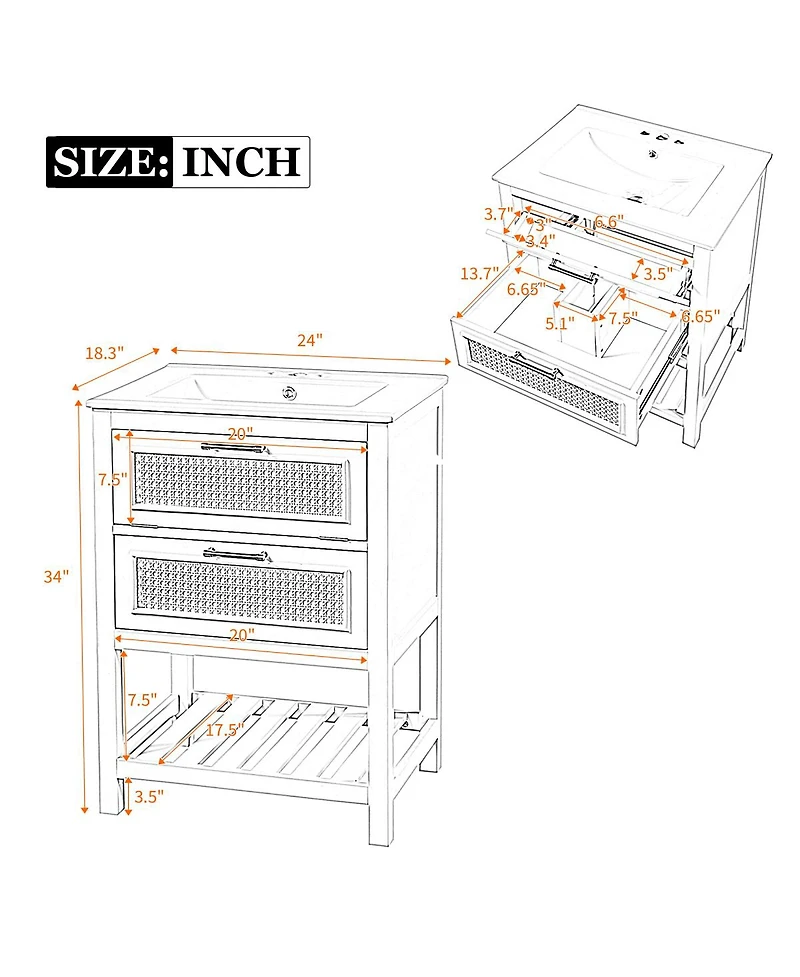 Sillysis 24 Inch Freestanding Bathroom Vanity with Ceramic Sink, Flip-Out Drawer & Modern Storage for Small Spaces