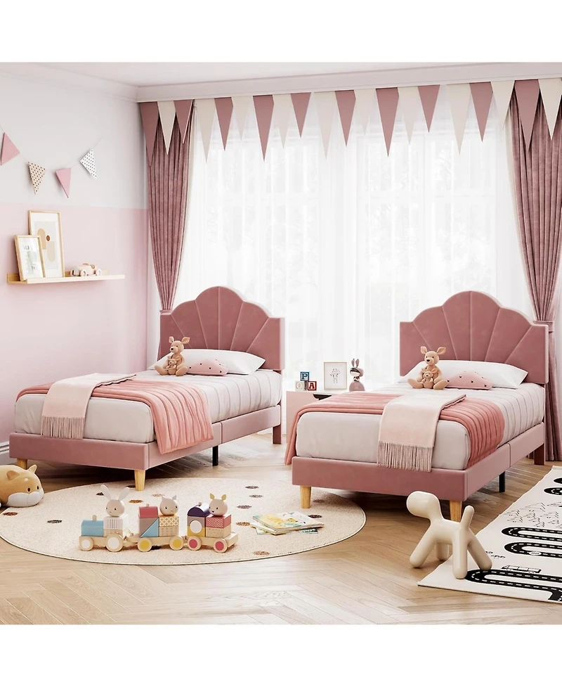 gaomon Twin Bed Frame with Shell Headboard, Velvet Upholstered Bed Frame with Adjustable Headboard, Girl Platform Strong Wood Slat Support