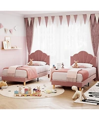gaomon Twin Bed Frame with Shell Headboard, Velvet Upholstered Bed Frame with Adjustable Headboard, Girl Platform Strong Wood Slat Support