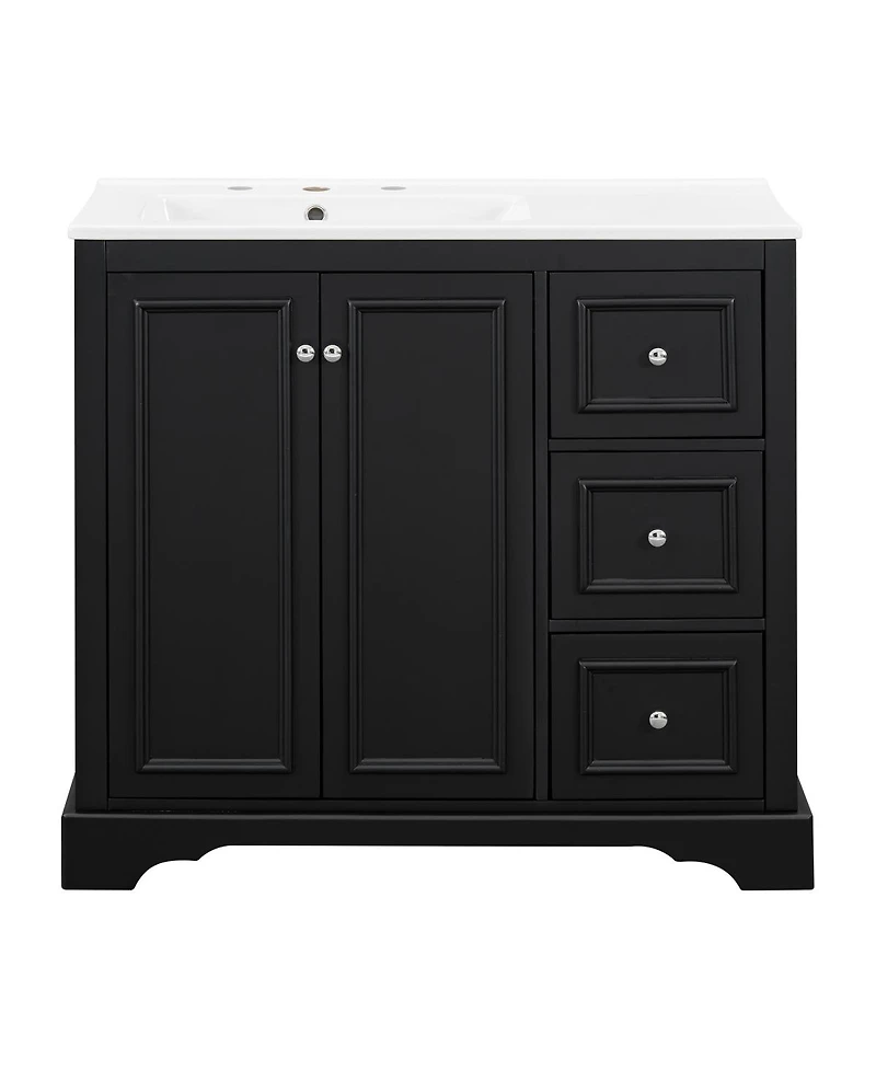 Sillysis 36" Transitional Bathroom Vanity with Ceramic Sink, Solid Wood & Mdf, 2 Soft-Close Doors, 3 Drawers, Adjustable Shelf for Storage