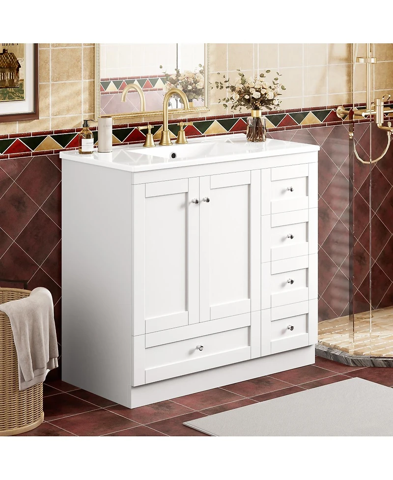 Sillysis 36" Shaker Bathroom Vanity with Ceramic Sink, Freestanding Mdf Cabinet, Soft-Close Drawers & 2 Doors for Modern Storage