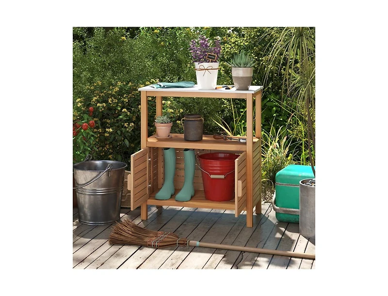 Slickblue Acacia Wood Outdoor Potting Bench with Storage & Louvered Doors